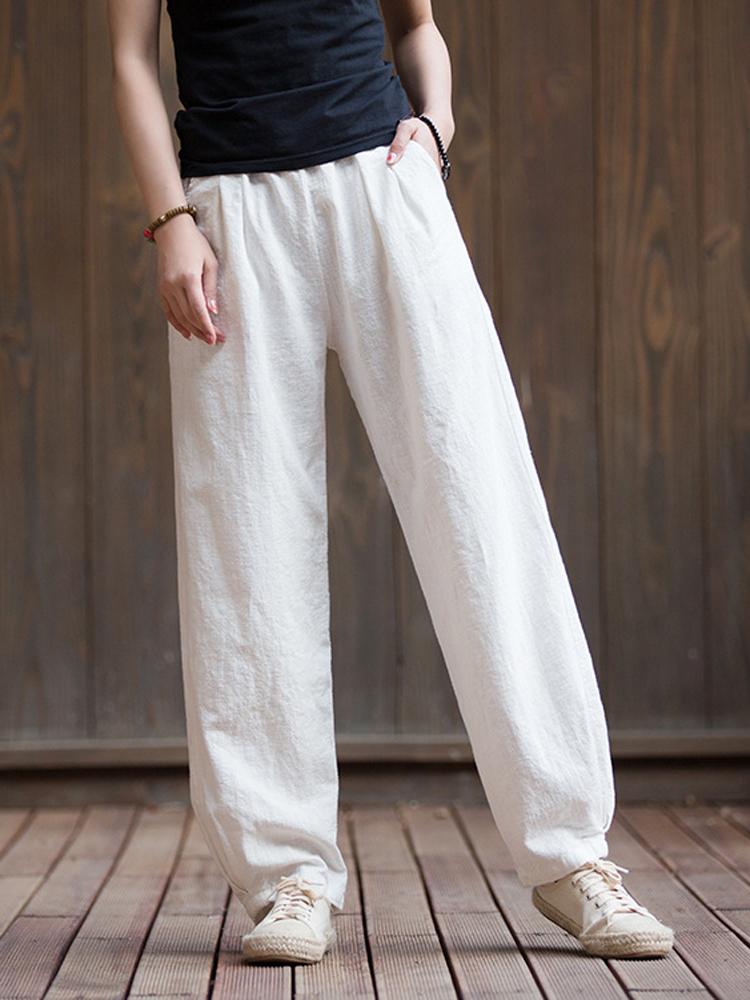 

Johnature женские льняные полосатые брюки однотонные весенние брюки с эластичной резинкой на талии повседневная одежда женские повседневные длинные брюки L белый