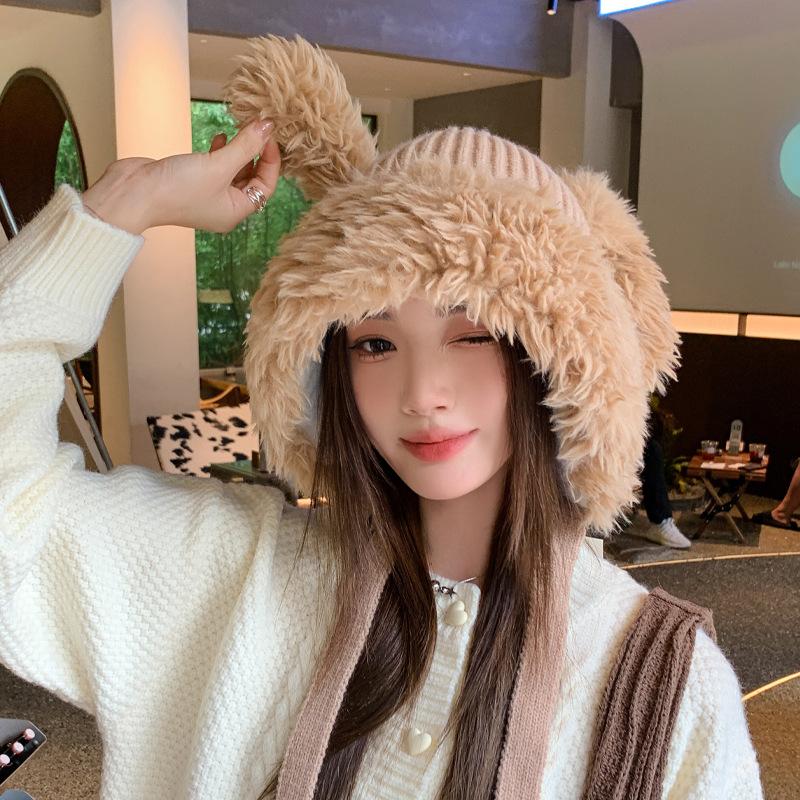 Women Autumn Winter Warm Thicken Ear Protector Hat Cold Velvet Plush Rabbit Outdoor Knitted Bomber Cap Sweet Cute Big Lei Feng Hat