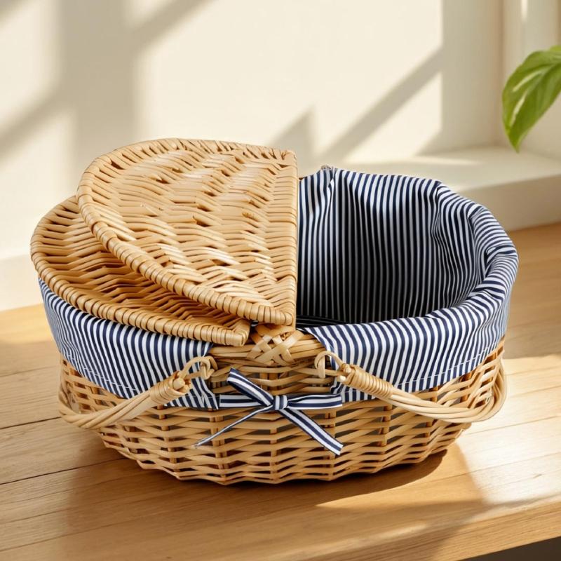 Handwoven Wicker Basket Suitable for Kids Picnics Decorating and Storage with Washable Liner Double Lid Dust Proof