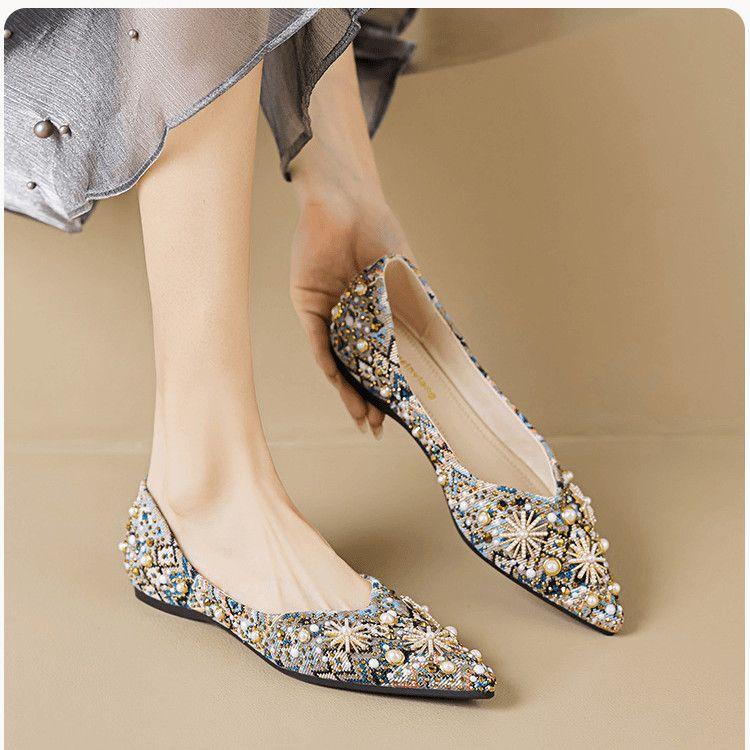 Women's Shoes Rhinestone Single Shoes Female Full Diamond Flat Bottom Shallow Mouth Fairy Ethnic Style Rivet Shoes Foreign Style Versatile