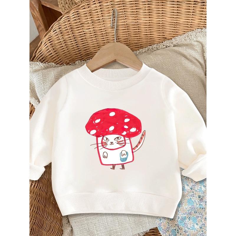 European sizes Adorable Red Mushroom Cat Print Sweatshirt for Kids, Designed , Featuring a Easy Round Neck And Comfortable Outdoor Wear for Ages 0-3