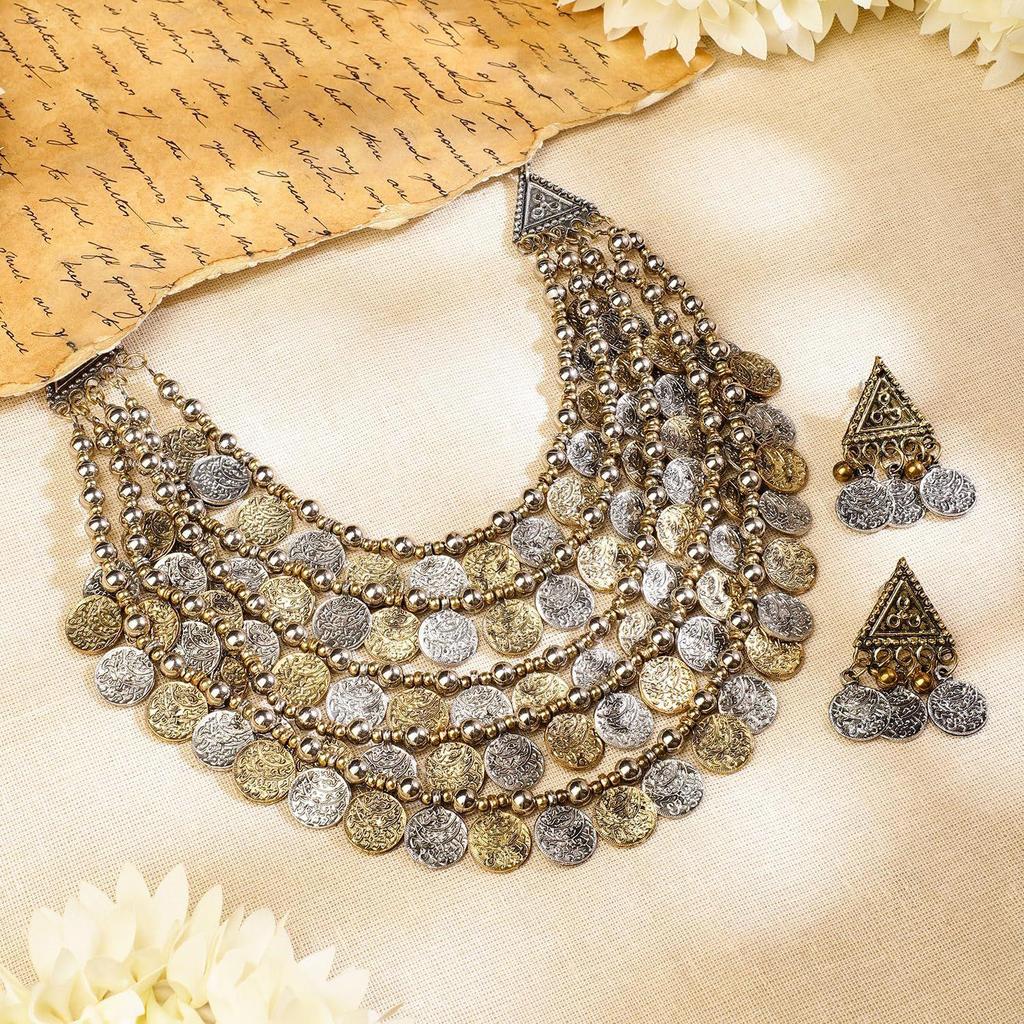 Oxidised  Multilayer Coin Statement Necklace Set for Women – for Festive & Ethnic Looks