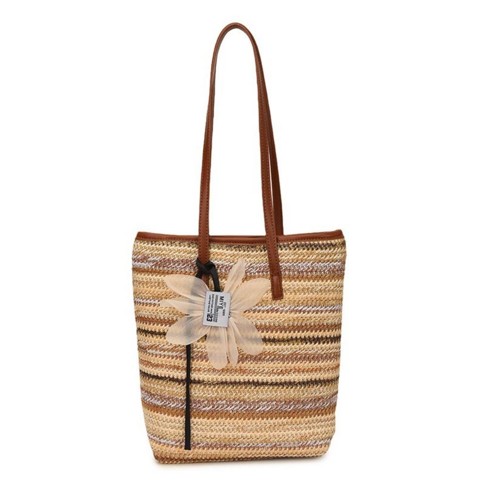 

Elegant Crochet Underarm Bag Bohemian Style Summer Bucket Bag Rainbow Woven Handbag Shopping бежевый