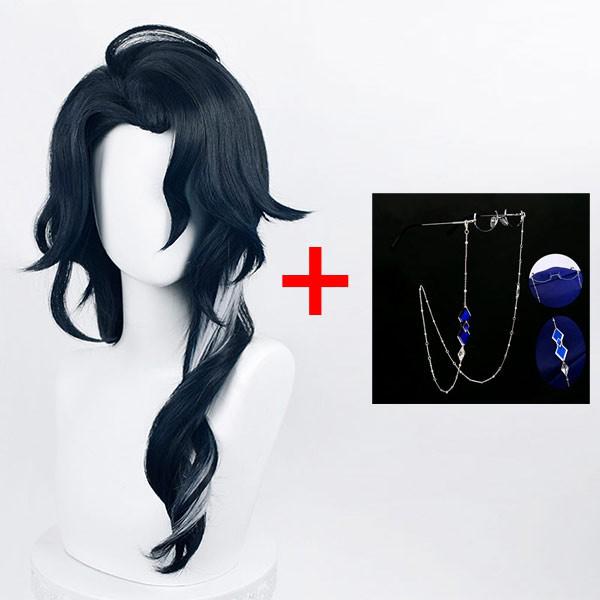 Genshin Impact Regrator Pantalone Cosplay Wigs Glasses Pantalone Fatui Dark Blue  Wigs + Free Wig Cap