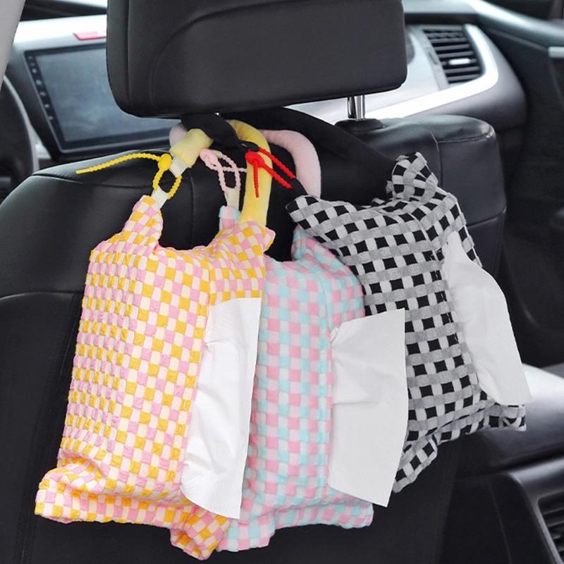 Plaids Pattern Paper Case Car Headrest Tissue Box Tissue Dispenser Bag Car Tissue Holder 6.7X9.8in Car Interior Accessory