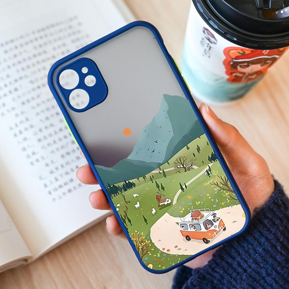 Cartoon Landscape Scenery Phone Case For iPhone 15 14 12 11 13 Pro XS Max 13Mini XR X 8 14Plus SE3 Matte Hard Cover Shell Fundas