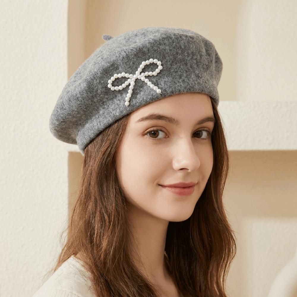 Solid Color Wool Beret Knitted Beanie Cap Sweet Bow Beret  Autumn