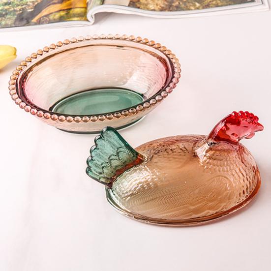 Szklana miseczka na cukierki w kształcie kurczaka z pokrywką, wzór zwierzęcy, naczynie na przekąski, desery, owoce, sałatki, dekoracja na stół do domu, kuchni