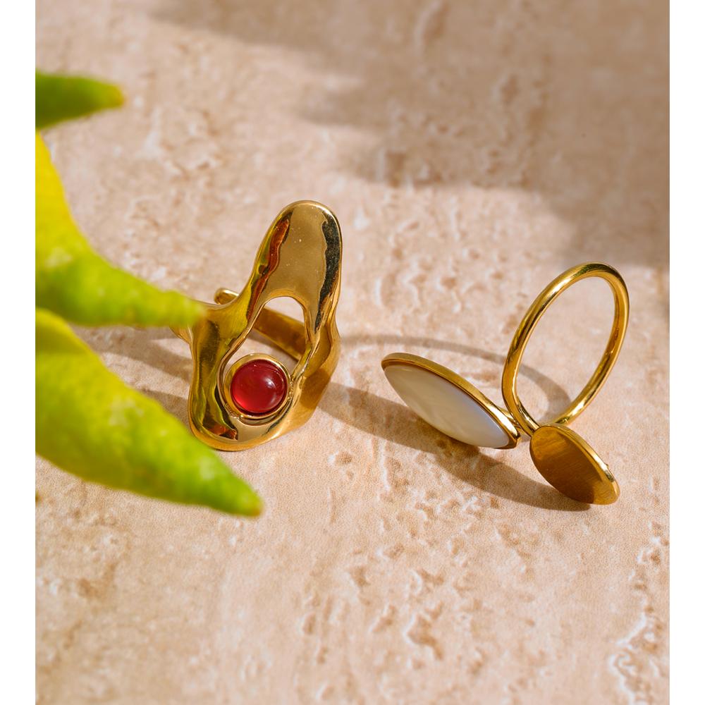 Eetit Red Agate Stone Shell Geometric Golden Ring Rust Proof PVD Plated Stainless Steel Chic Trendy Jewelry Wholesale