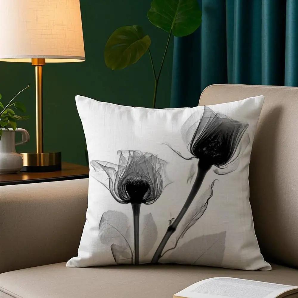VIKAMA Zwart Wit Roze Kussensloop X-ray Bloemendruk Moderne Luxe Bankkussensloop Woonkamer Auto Zacht Huisdecoratie 30x30cm white