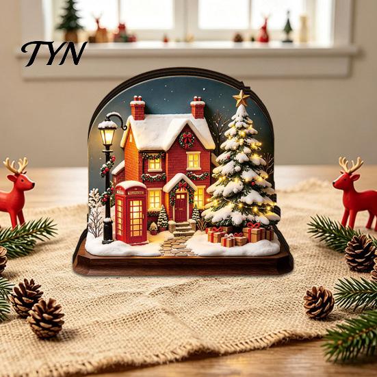 Festive Home Decor Christmas Glowing House Ornament, LED Wooden Tabletop for Hanging Decorations Holiday Village Display, Light Up Party Supplies