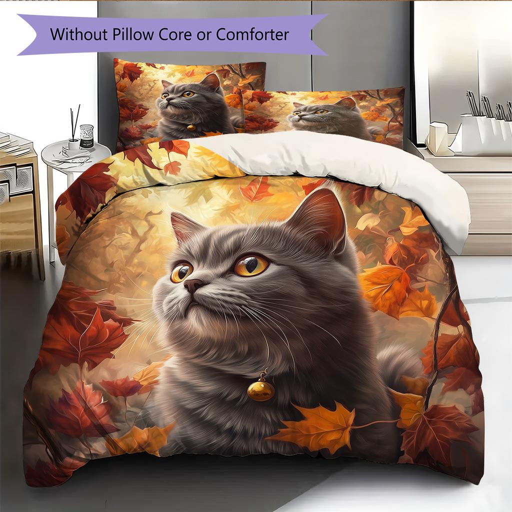 Maple Leaf Cat  Pattern Bedding Quilt Set Quilt Cover Pillowcase Home Decoration  Gift (1 * duvet cover + 2 * pillowcase, without core)
