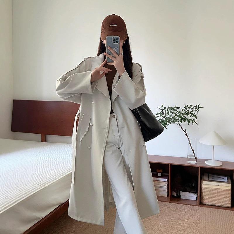 White medium and long trench coat women's season waist drape coat feeling