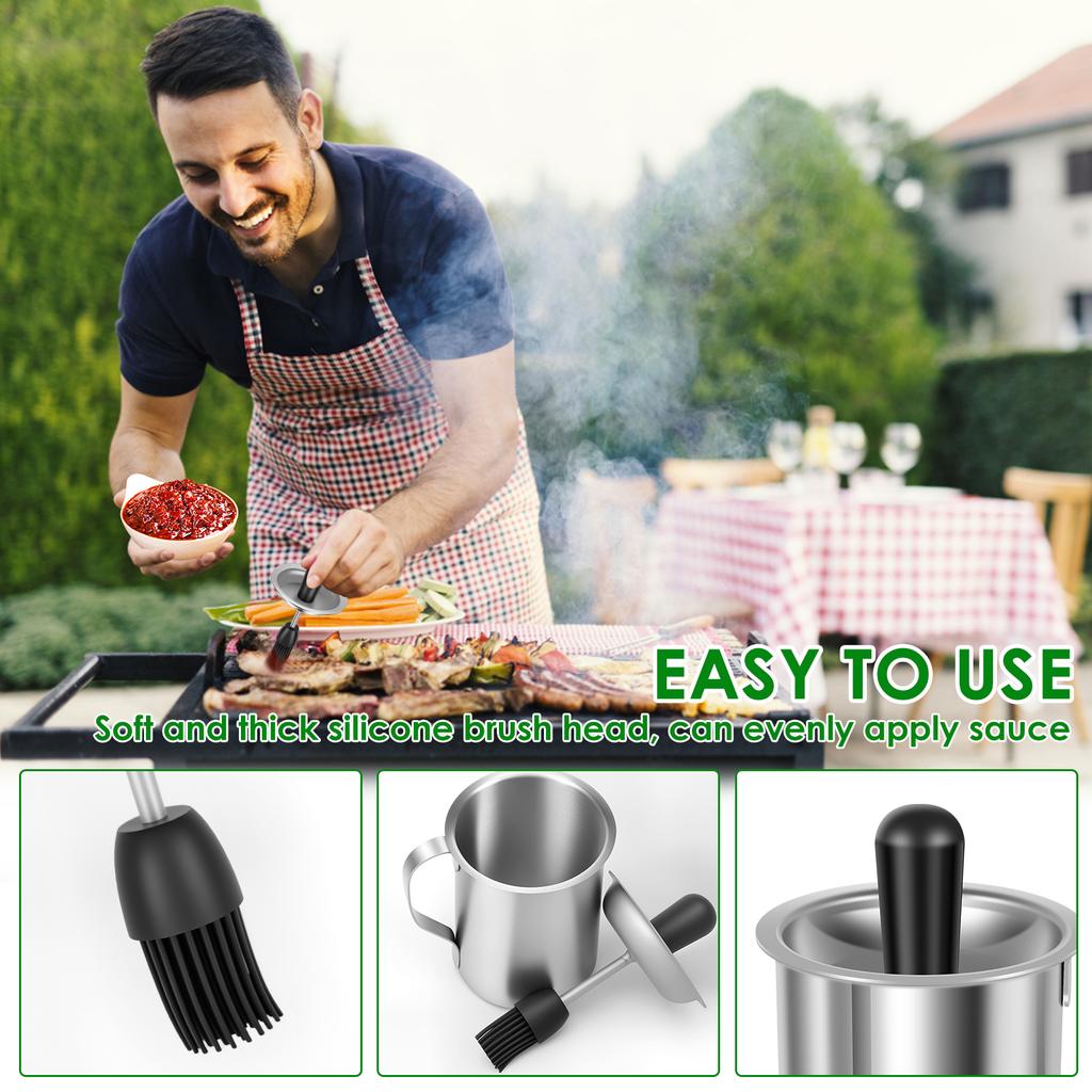 Stainless Steel Basting Pot Sauce Basting Oil Pot with Brush 500ML Oil Storage Pot Sauce Storage Jar for BBQ Kitchen Accessories