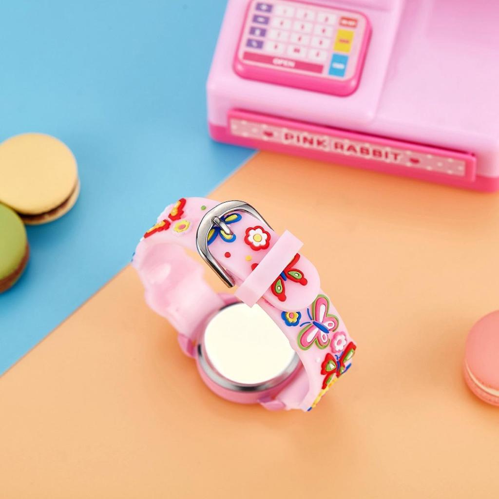 Kids' Pink Cartoon Quartz Watch with Screw-Down Crown and Pin Buckle
