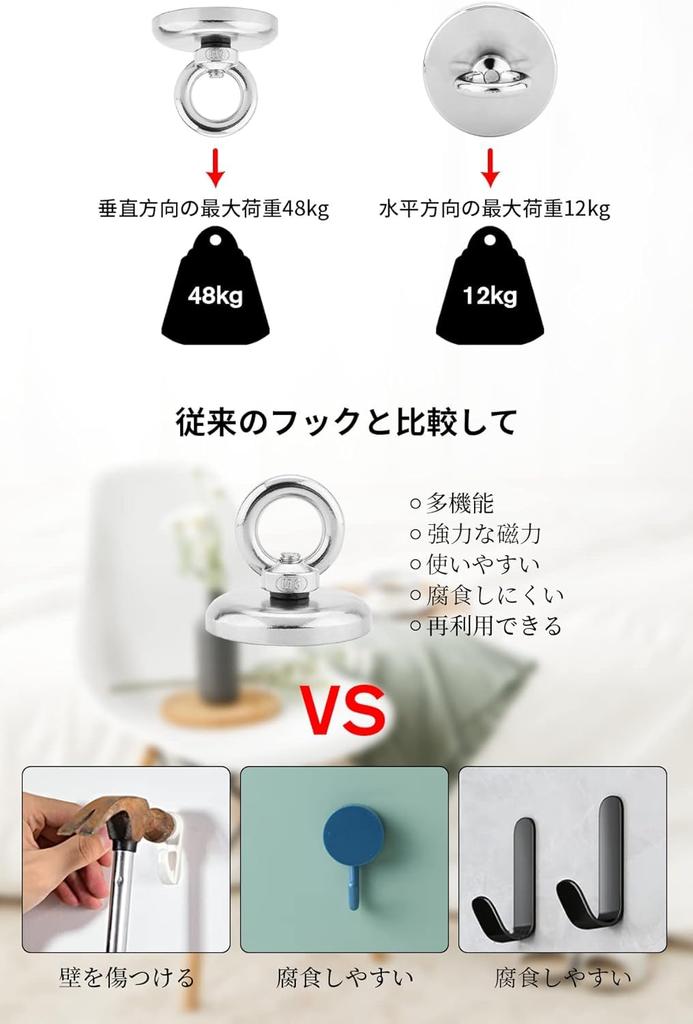 YESCUT Super Strong Magnetic Hooks with Carabiners (Set of 3), 115kg Weight Capacity, 60mm Diameter, 304 Stainless Steel, Strong Magnets, Rust-Resista