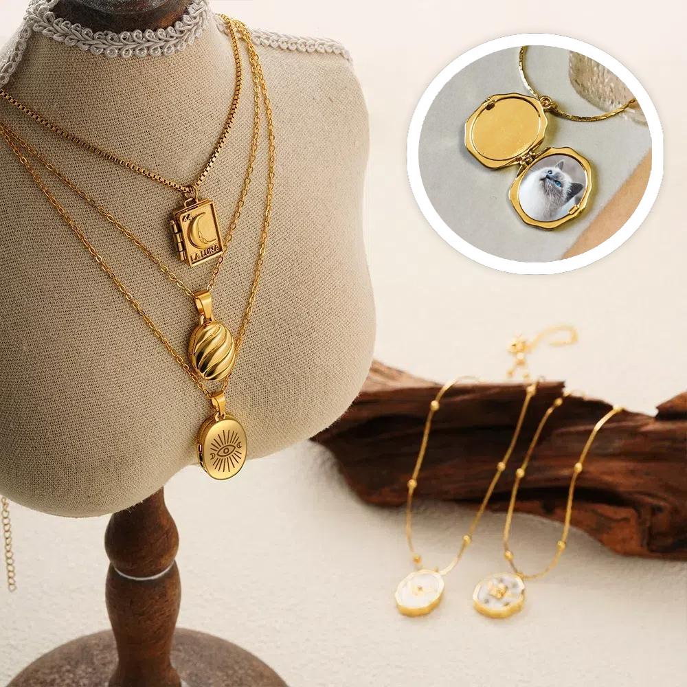 Stainless Steel Photo Frame Necklace Moon Sun Couple Choker Chain Heart Photo Pendant  Jewelry