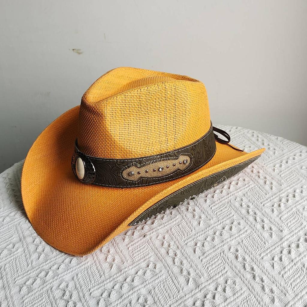 Melesh Western Cowboy Hat Summer Women's Straw Cowboy Hat Pearl Accessories Wide Brim Sun Protection Beach Western Cowboy Hat