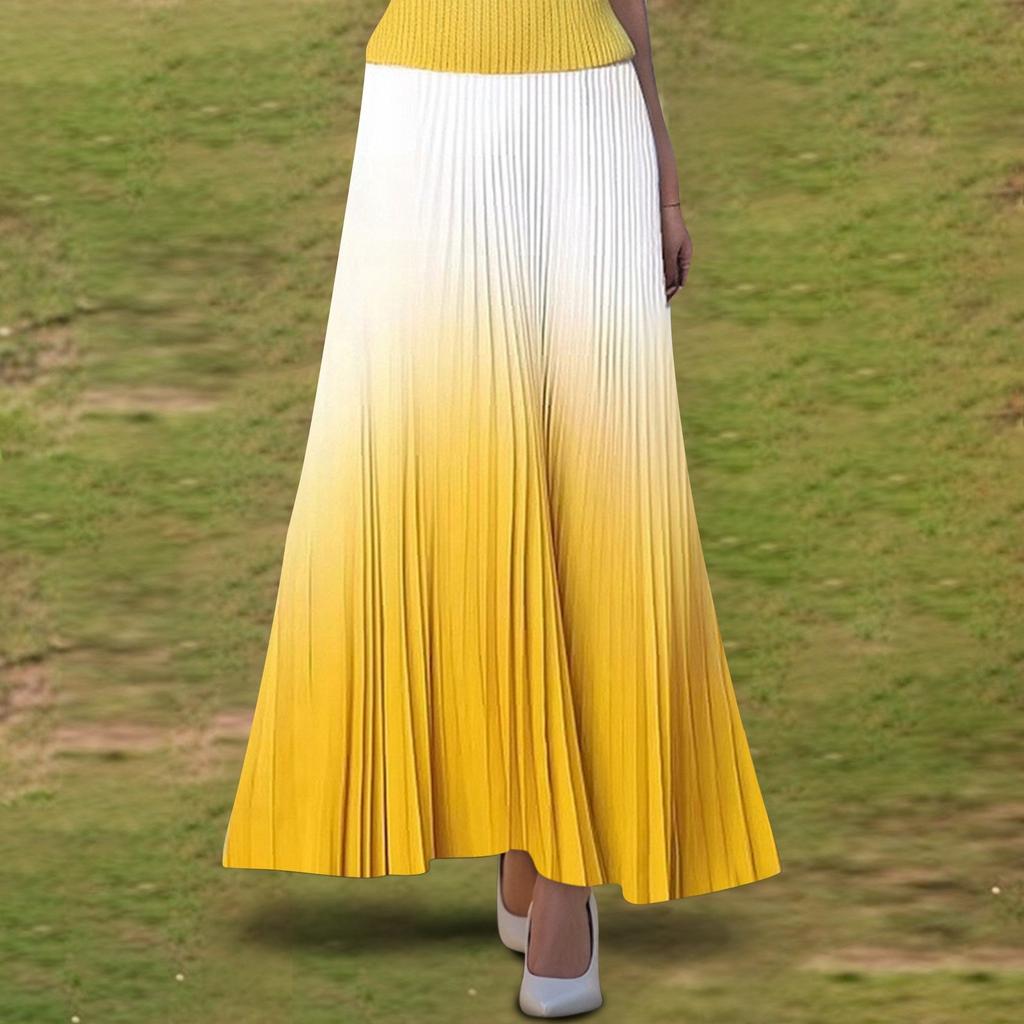 Women's  Casual Pleated Gradient Skirt, Pleated A-line Skirt, Large Swing Floor-length Skirt