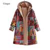 Vintage Women Wind Coat Winter Warm Plush Hooded Cotton Linen Printed Medium Length Coat