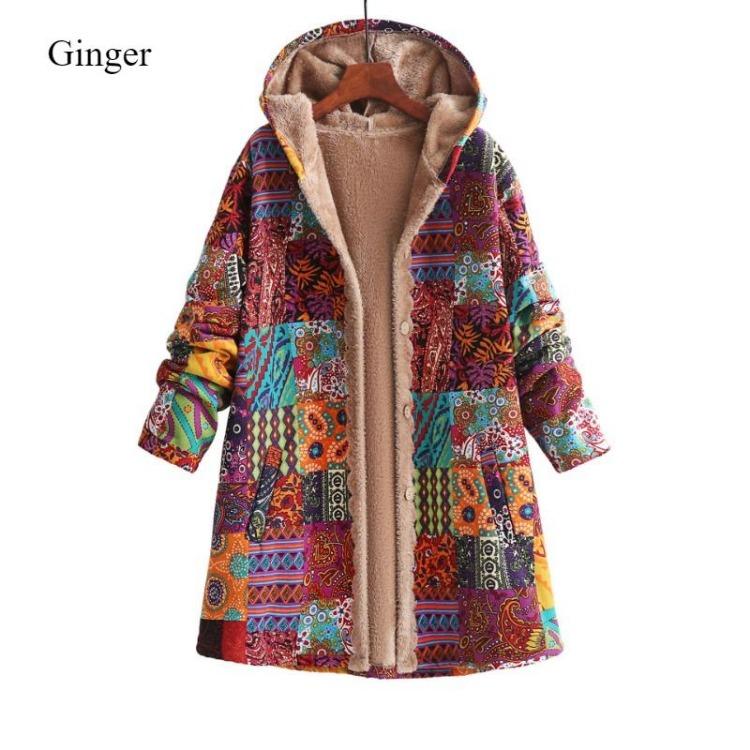Vintage Women Wind Coat Winter Warm Plush Hooded Cotton Linen Printed Medium Length Coat