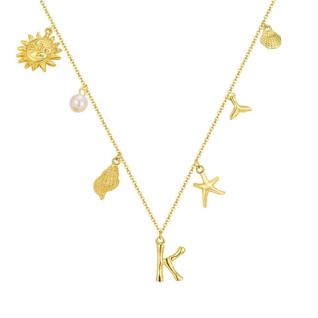 Initial Charms Necklace for Women, Boho Seashell Starfish Beach Letter A-Z Pendant, Summer Beach Vacation Jewelry