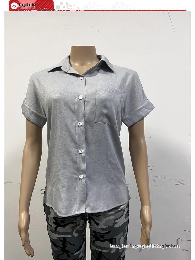 2026 Spring/Summer Women's Cotton Linen Pocket Short Sleeve Shirt