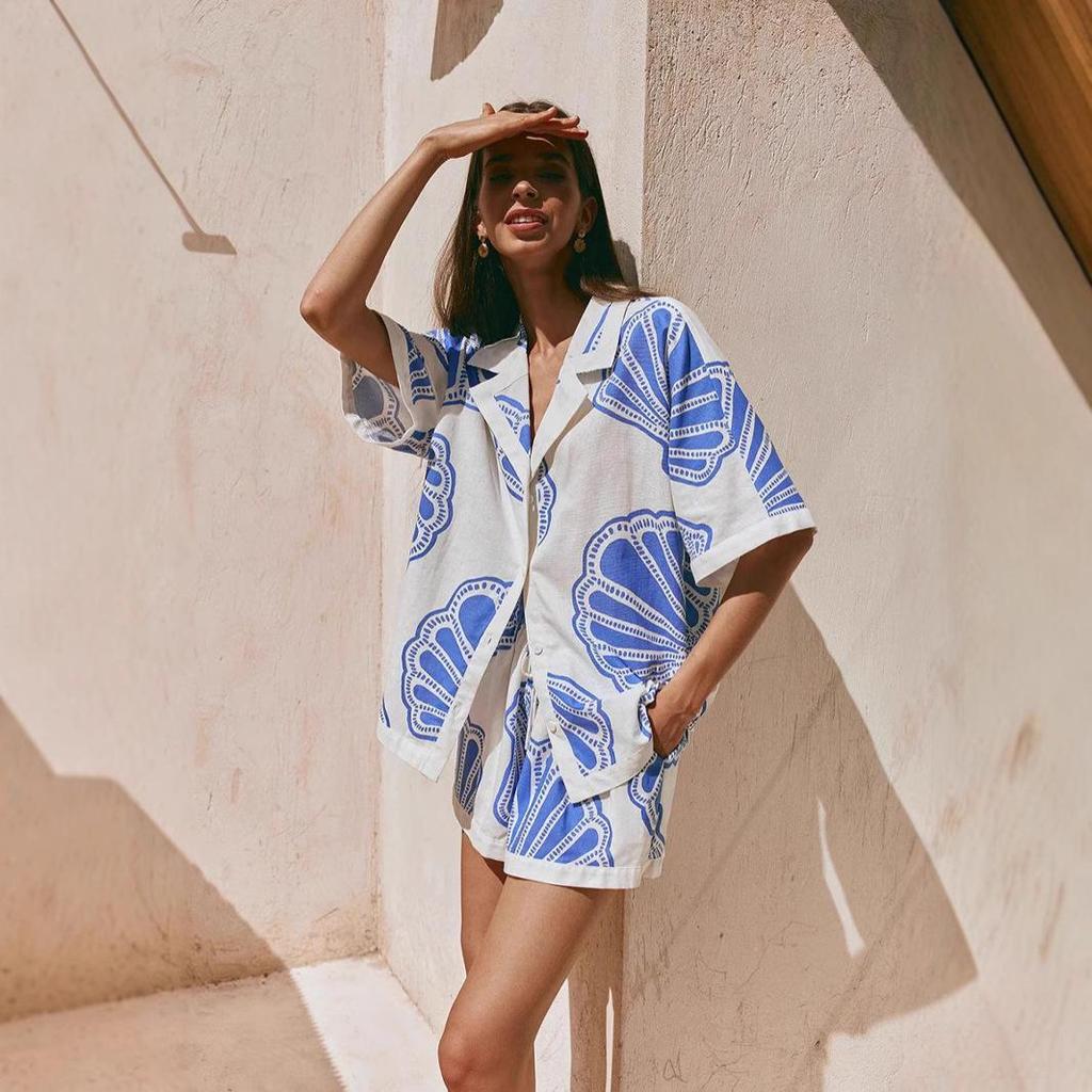 Spot 25 Summer Casual Fashion V-Neck Print Short Sleeve Homewear Set