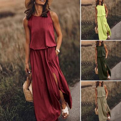 Women Summer Long Dress Round Neck Sleeveless Solid Color Pleated Maxi Dress