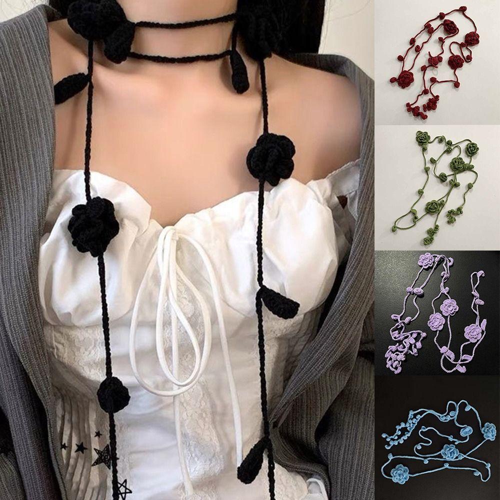 Crocheting Rose Flower Neck Chain Decoration Multicolor Rose Scarf Y2k Rose Necklace Girl