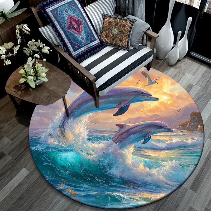 Dolphins Round Area Rug,Carpet Rug for Living Room Bedroom Sofa Playroom Decor,Non-slip Floor Mat