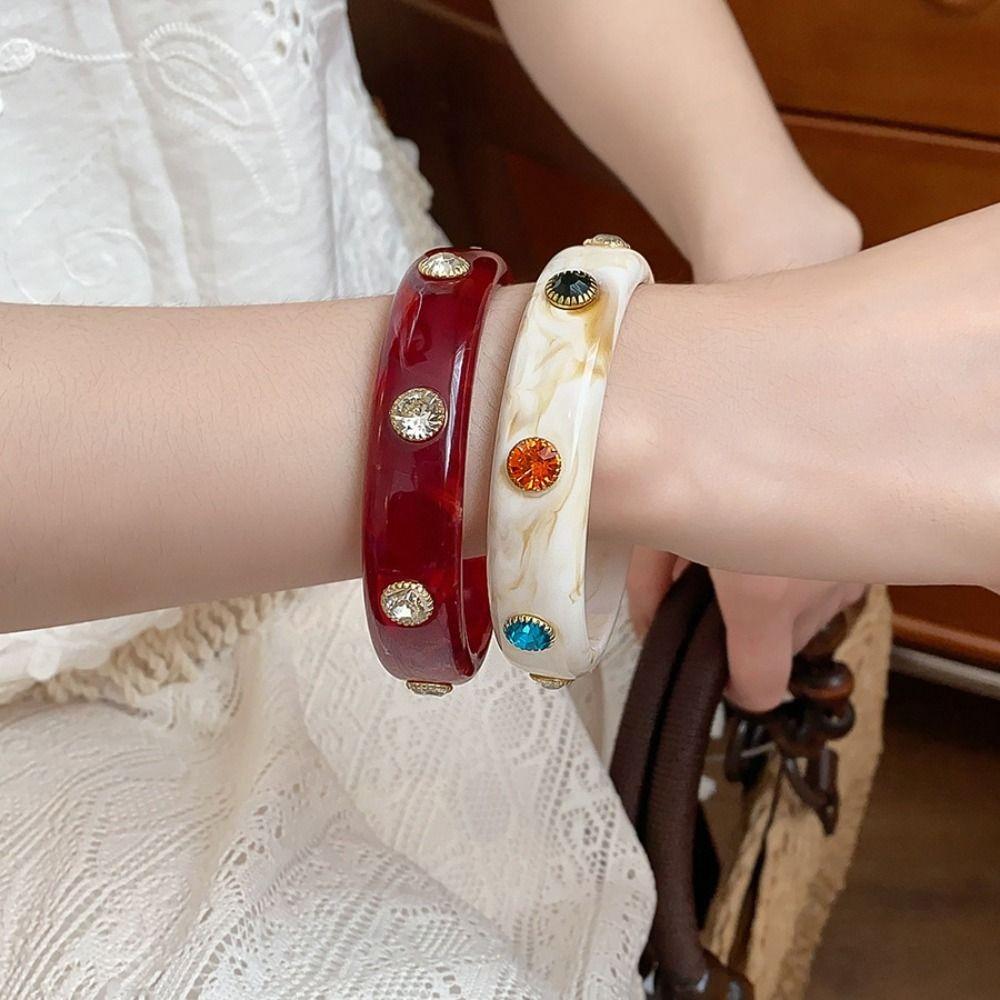 Bohemian Rhinestone Colored Bracelet Zircon Retro Hand Ring Unique Acrylic Bangle  Women