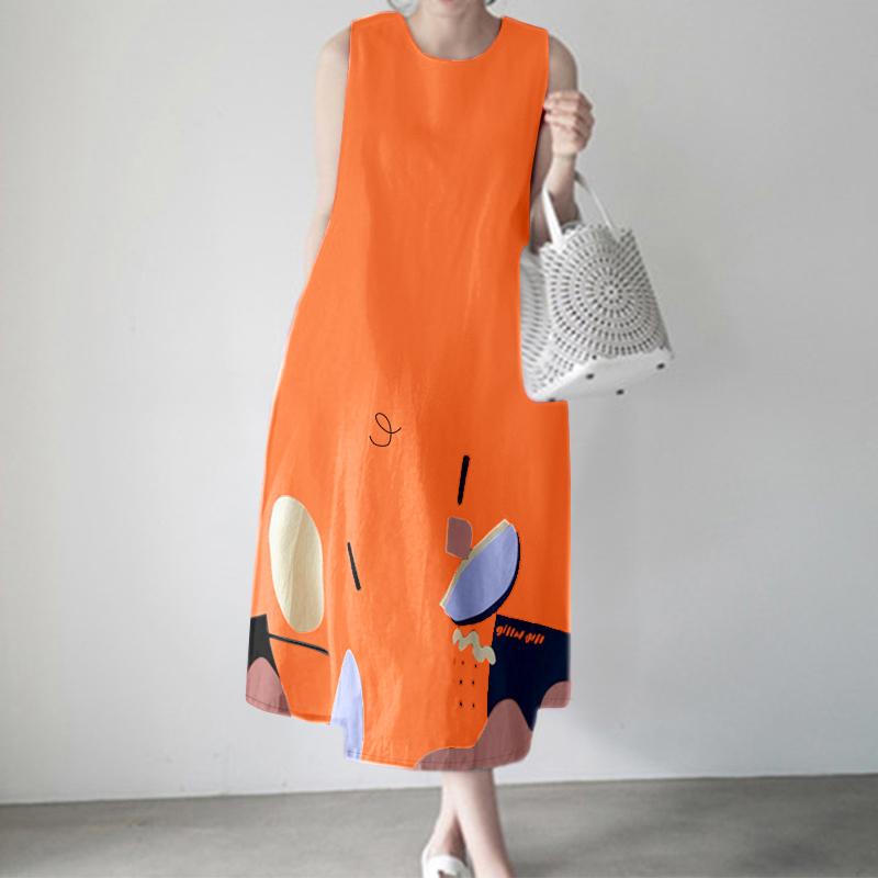 ZANZEA Womens Casual Round Neck Loose Summer Sleeveless Print Dress