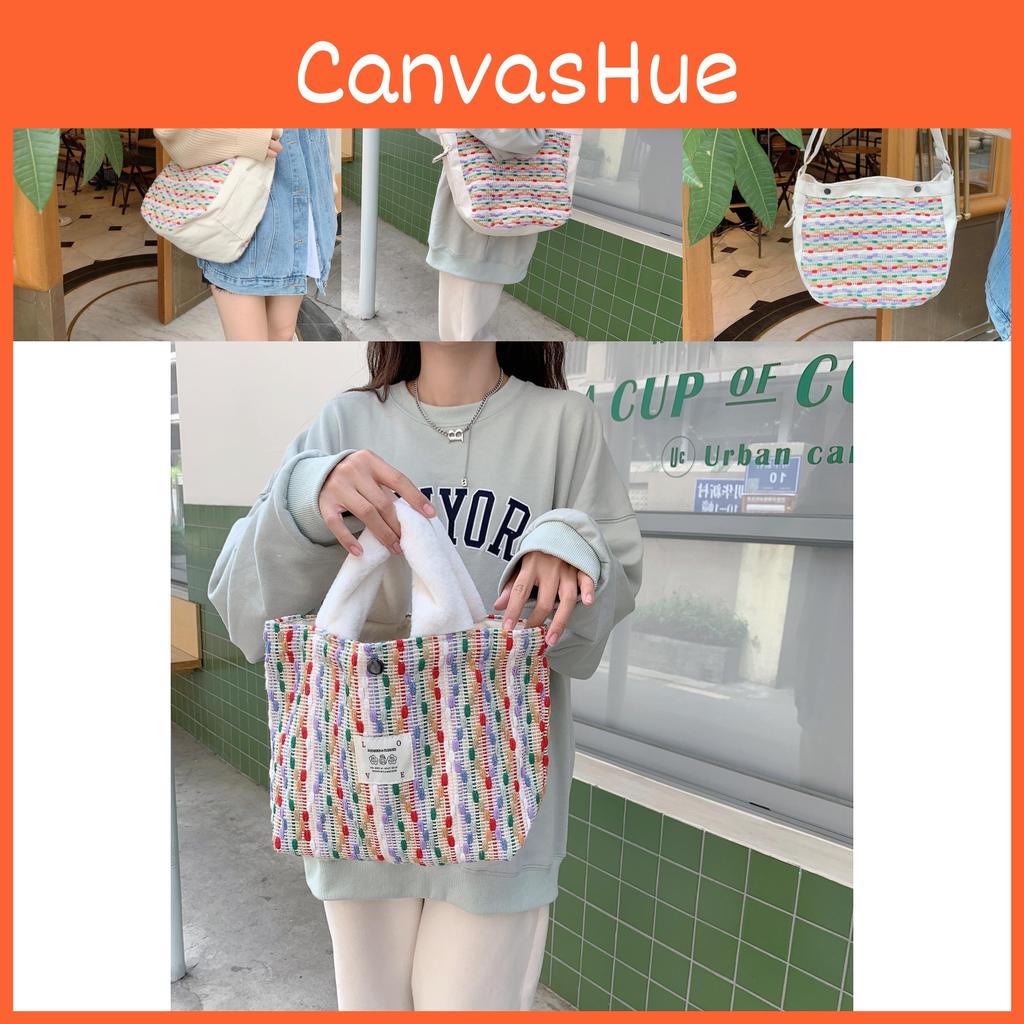 Stylish Rainbow Tote Bag Large Capacity Cotton Shoulder Bag For Women Daily Use
