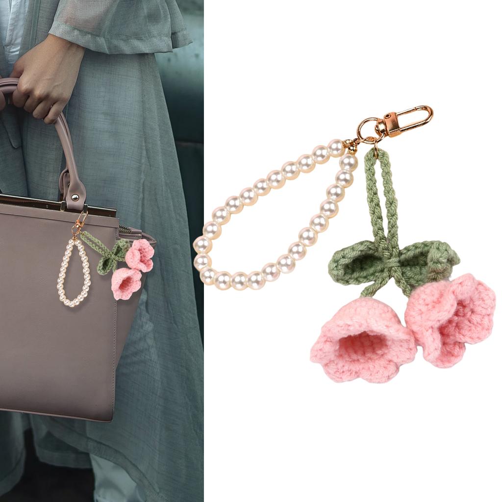 Handmade Lily of the Valley Crochet Keychain with Pearls Soft Yarn Texture Fashion Key Holder Suitable for Bags and Keys