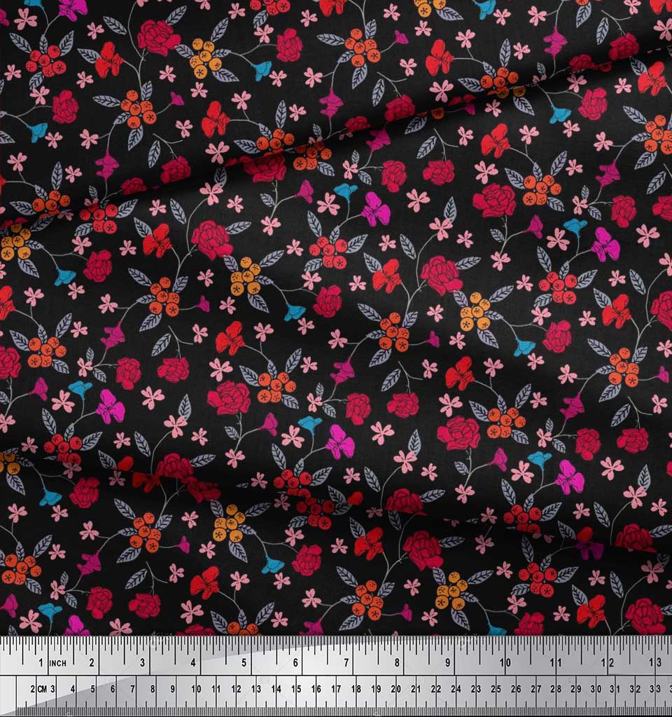 Soimoi Japonská krepová saténová látka Bobule, Listy a Květinový umělecký potisk Látka na metr 42 palců