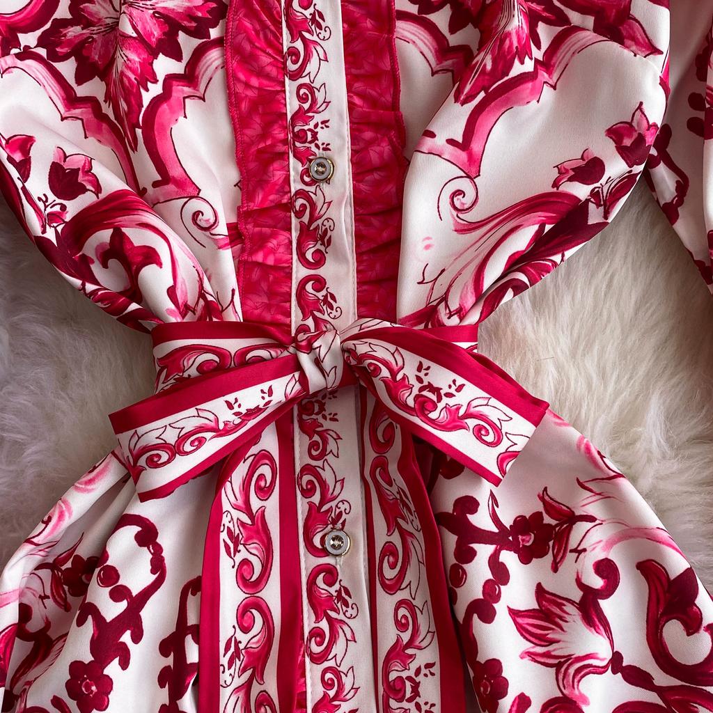 Jaro Podzim Runway Žlutá Červená Modrá a Bílá Porcelánový potisk Župan Dámské Rozevlátý Rukáv Šněrovací Pásek Maxi Společenské šaty