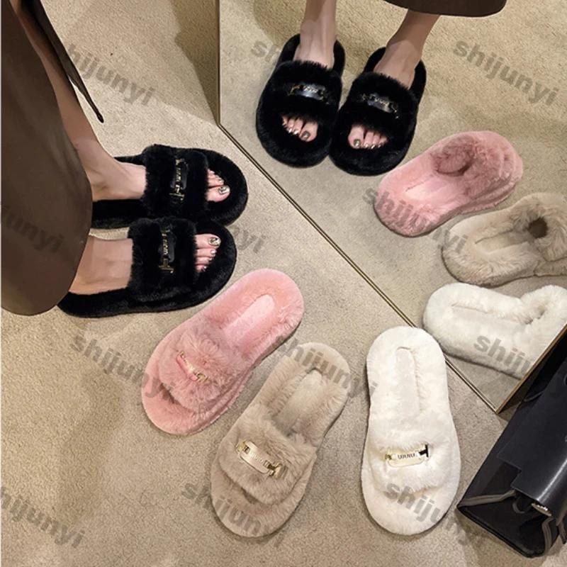 Fashion Women Fashion Fluffy Furry Slippers Autumn Winter Cozy Open Toe Trend Plush Home Shoes Woman Outdoor Flat Heel Warm Fur Slides