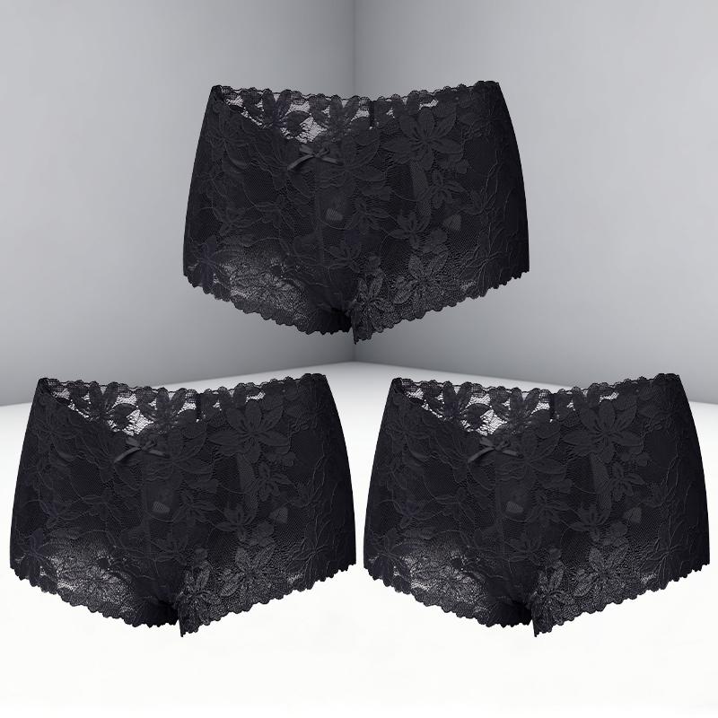 FINETOO 3Pcs Women's Sexy Lace Floral Perspective Boyshorts Solid Color Hollow Out Boxer Panties Female Breathable Transparent Lingerie