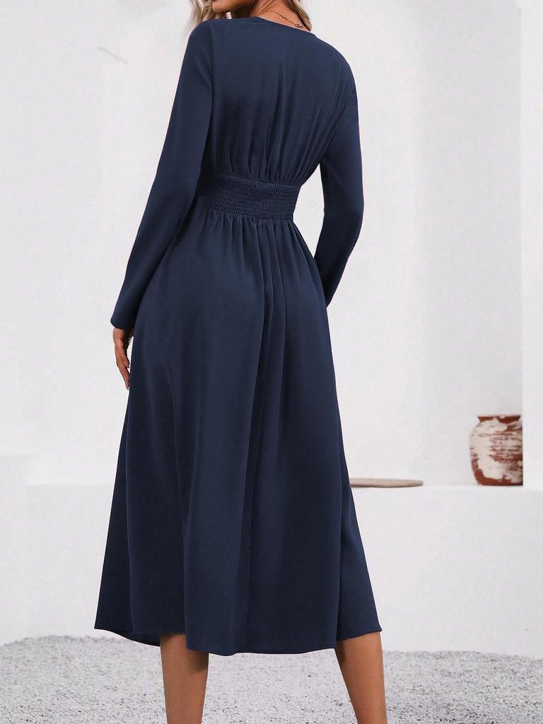 Elegant Women's V-Neck Long Sleeve Ruched Waist Dress for Autumn/Winter
