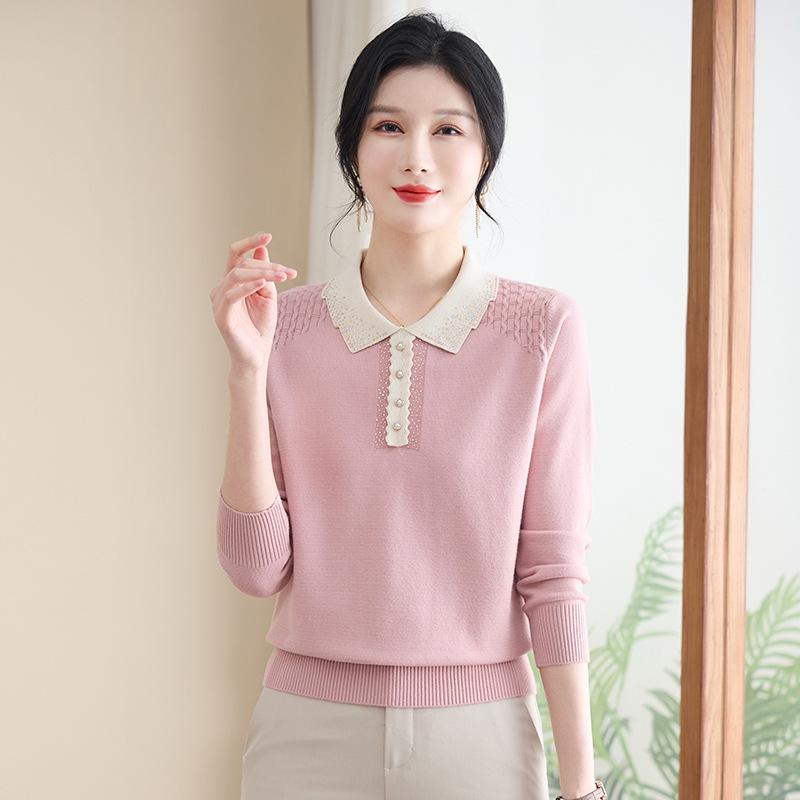 

Stylish Age-Reducing Lapel Knit Top for Middle-Aged and Elderly Women - Spring & Autumn Fashion L (for 105-120 jin) розовый