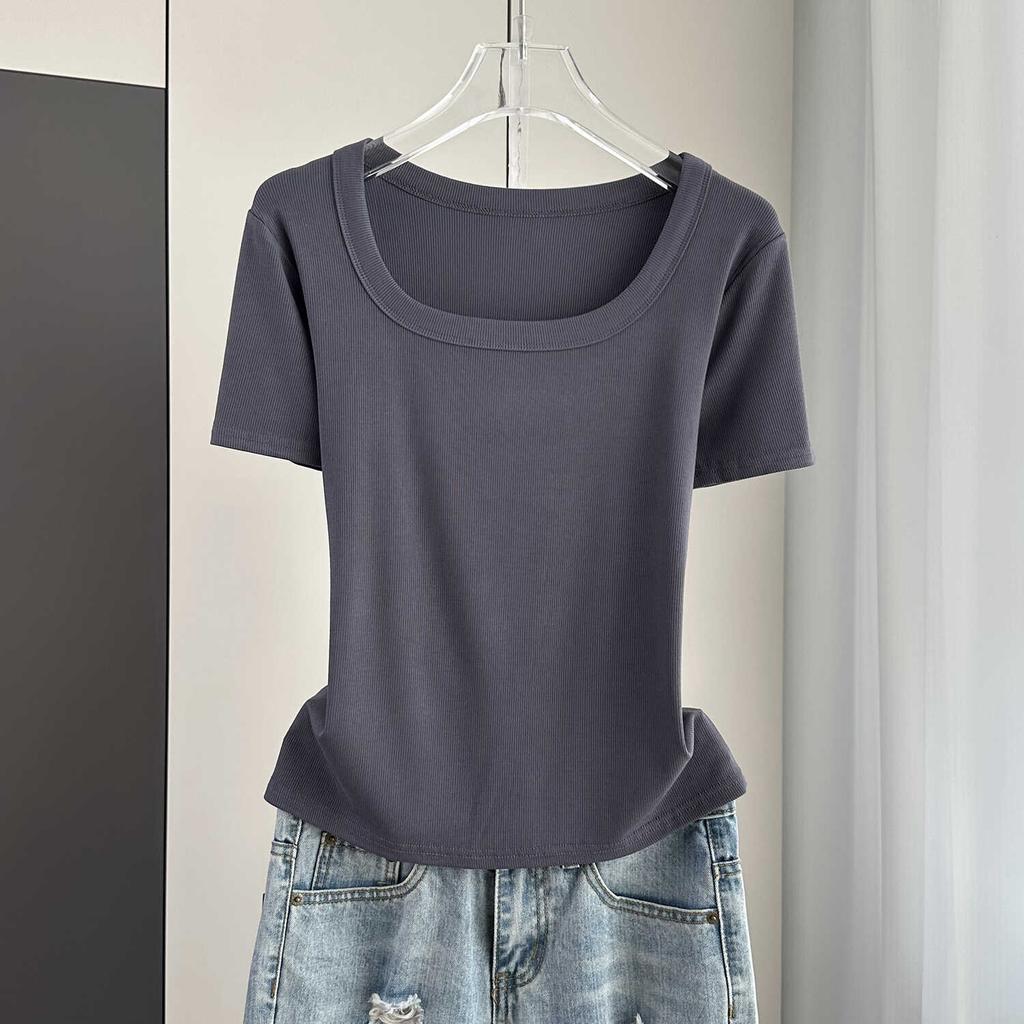 Klassisches geripptes quadratisches Hals-Kurzarm-T-Shirt Locker Schlank Sommer Basis-Oberteil Dehnbar Schlanke Basisschicht Weicher Rippstoff Gut für Innen- und Außenbekleidung Oberteil