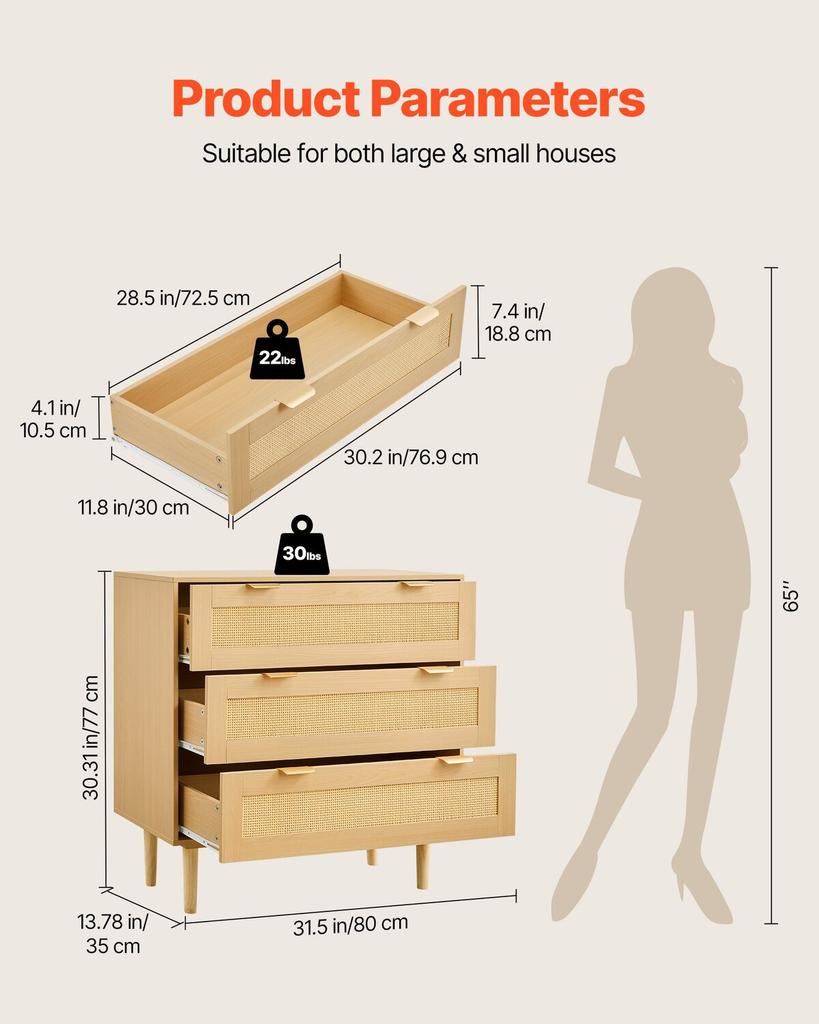 3 Drawer Rattan Dresser, Modern Closet Dresser for Bedroom, Natural Rattan Chest of Drawers with Metal Handles & Wooden Legs, Chest Clothing Organizer