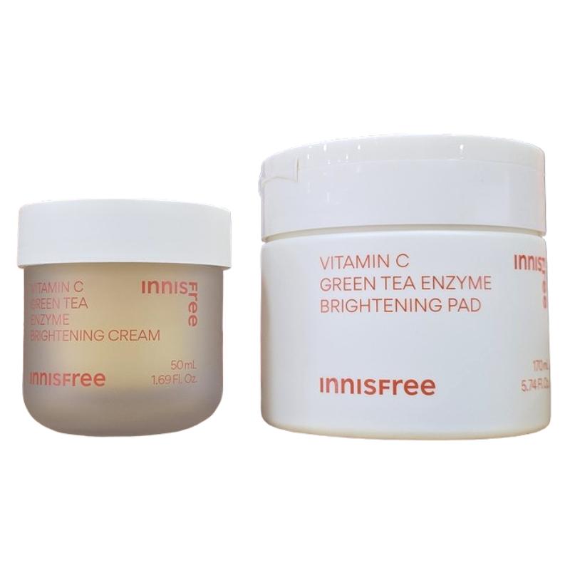 Innisfree Vitamin C Green Tea Enzyme Brightening Pad 60 Pads + Cream 50ml – Daily Skin Care Set, Gentle Exfoliating Toner Pads & Moisturizing Cream Pad 60 Pads + Cream 50ml