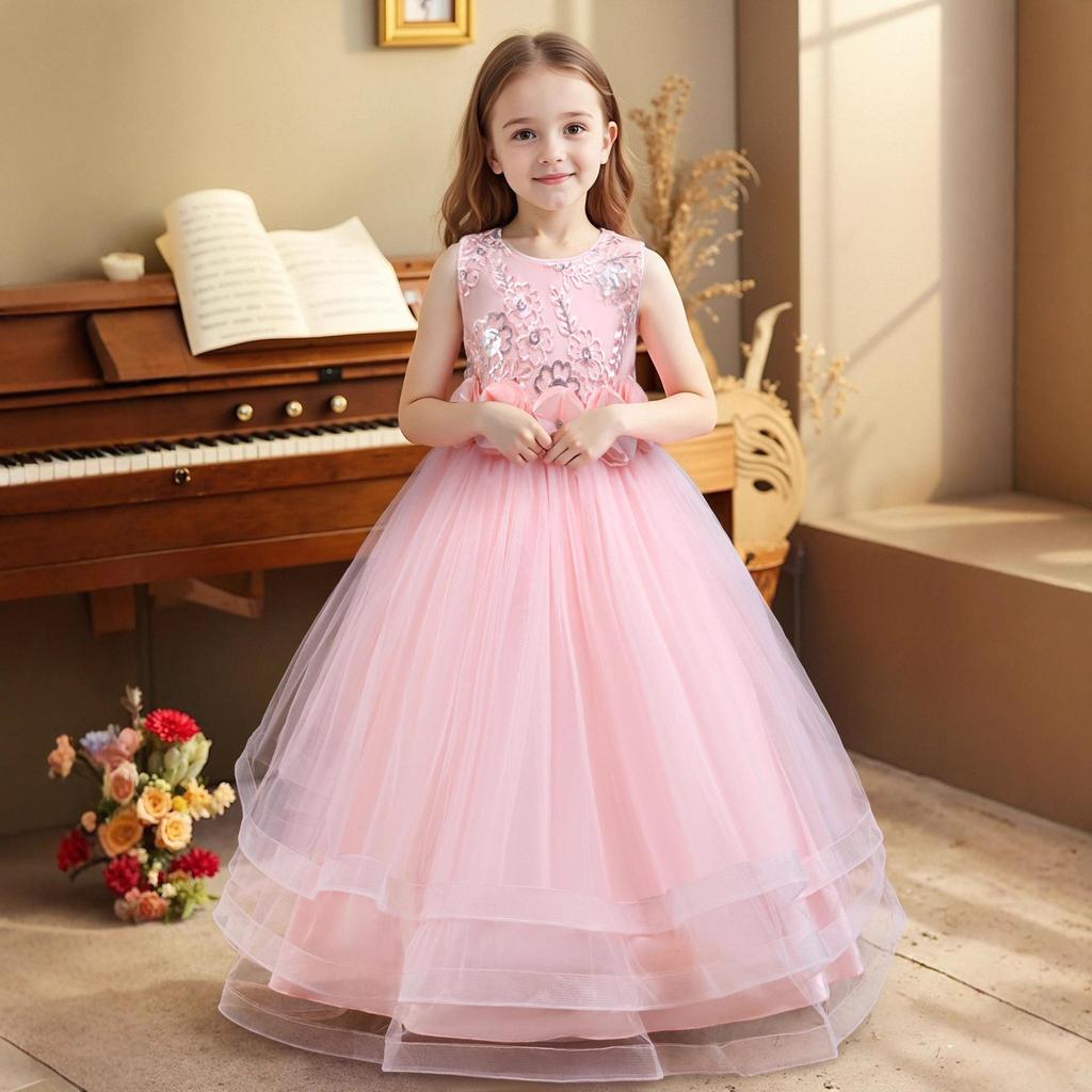 Girls' Red Embroidered Long Evening Dress - Christmas Princess & Performance Outfit