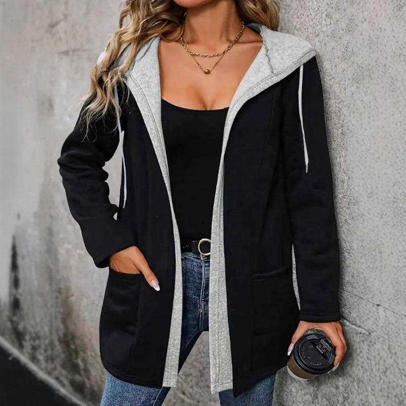 Women S Casual Hooded Cardigan Sweatshirt Color Block Autumn
