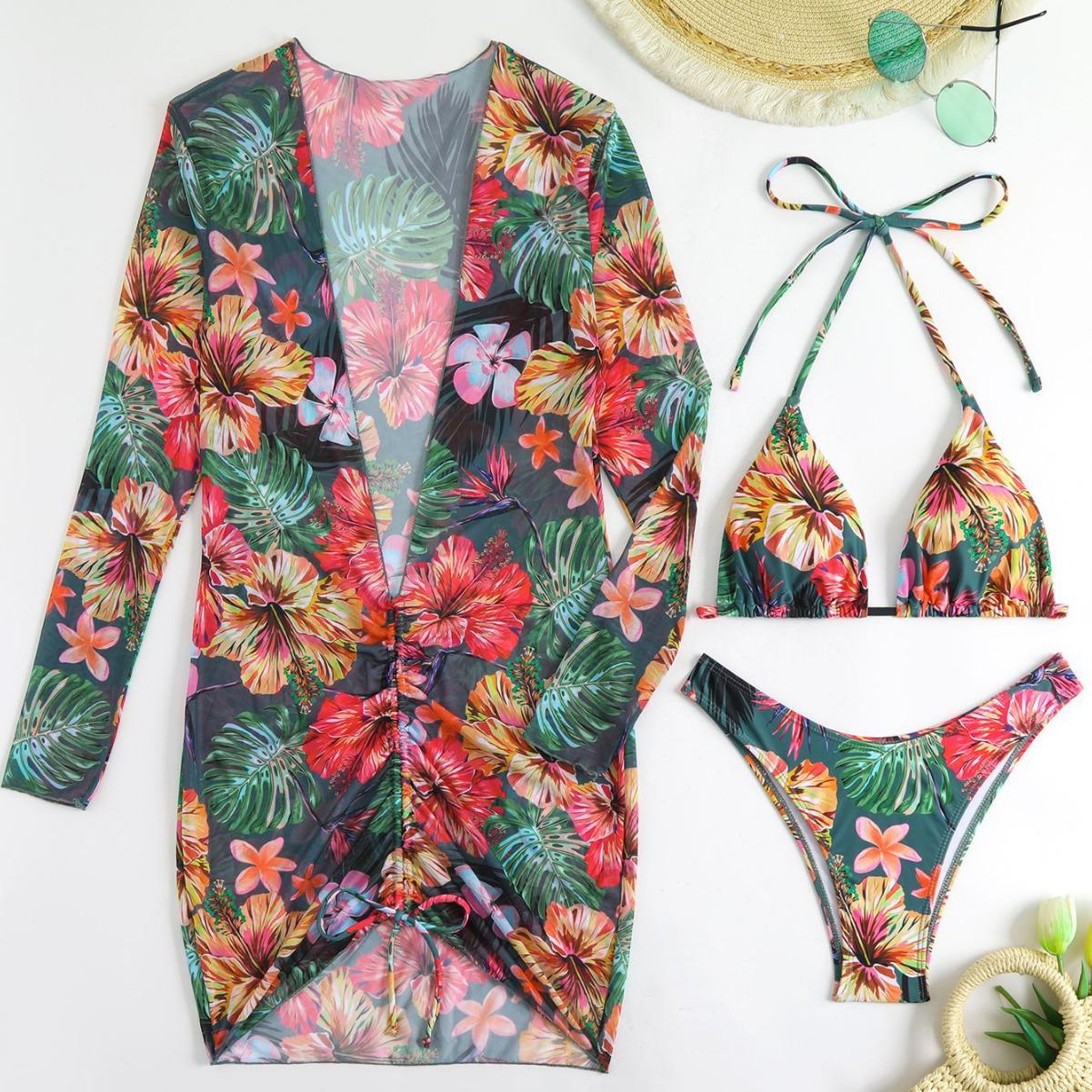 

Цветочный купальник и сетчатая накидка: Европейско-американский стиль, Сексуальный дизайн со сборками, Раздельный купальник из трех частей Medium цветочный