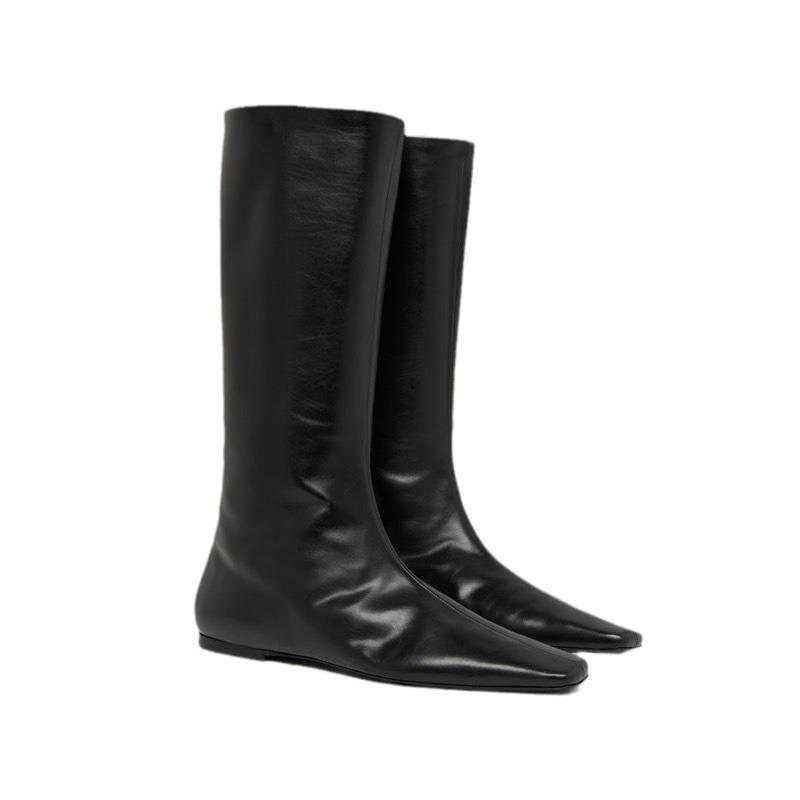 Korean version niche simple row style flat-bottomed medium boots thin boots women 2025 long tube square head but knee high boots