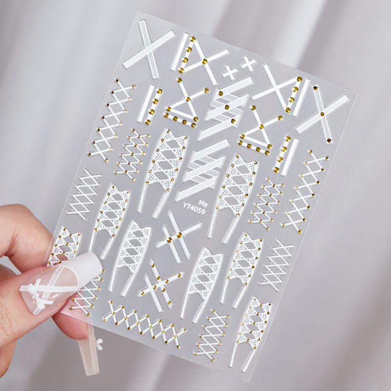 

2025 New Arrival Black and White French Plaid Rivet Lace Bandage Relief Nail Sticker Nail Ornament Small Accessories YT4059 Lace Strap Sticker-White