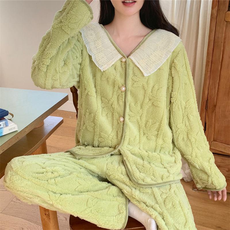 

Милая фланелевая пижама в стиле принцессы для женщин, осенне-зимняя, с кружевной отделкой, теплая, с длинными рукавами, домашняя одежда, комплект из двух предметов XL зелёный